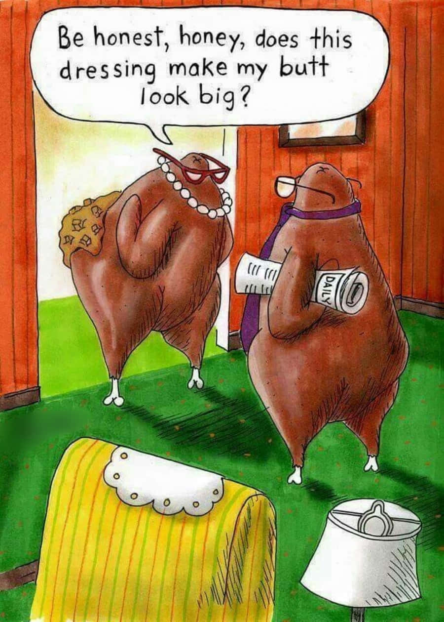 Thanksgiving Funny 桌布 壁紙 — 兩隻卡通熊在舒適的房間裡，一隻拿著餅乾問她的裙子是否讓她的屁股看起來很大。