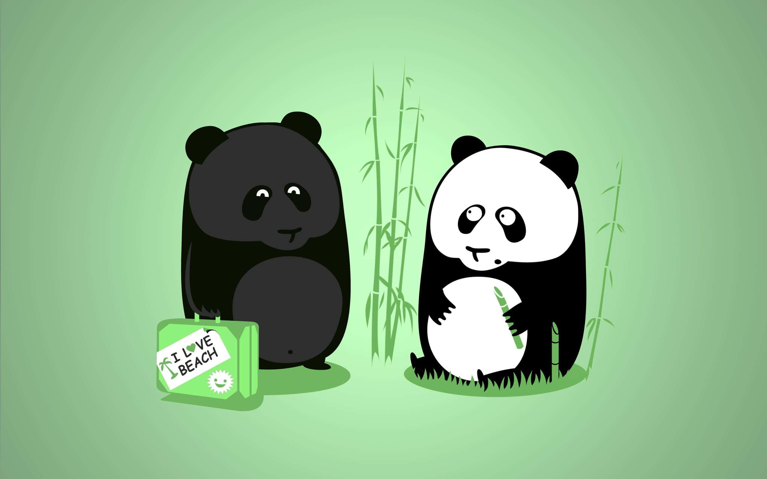 熊貓 桌布 壁紙 — 兩隻卡通熊貓，一隻拿著竹子，另一隻帶著一個標有 I LOVE BEACH 的行李箱，背景是柔和的綠色。