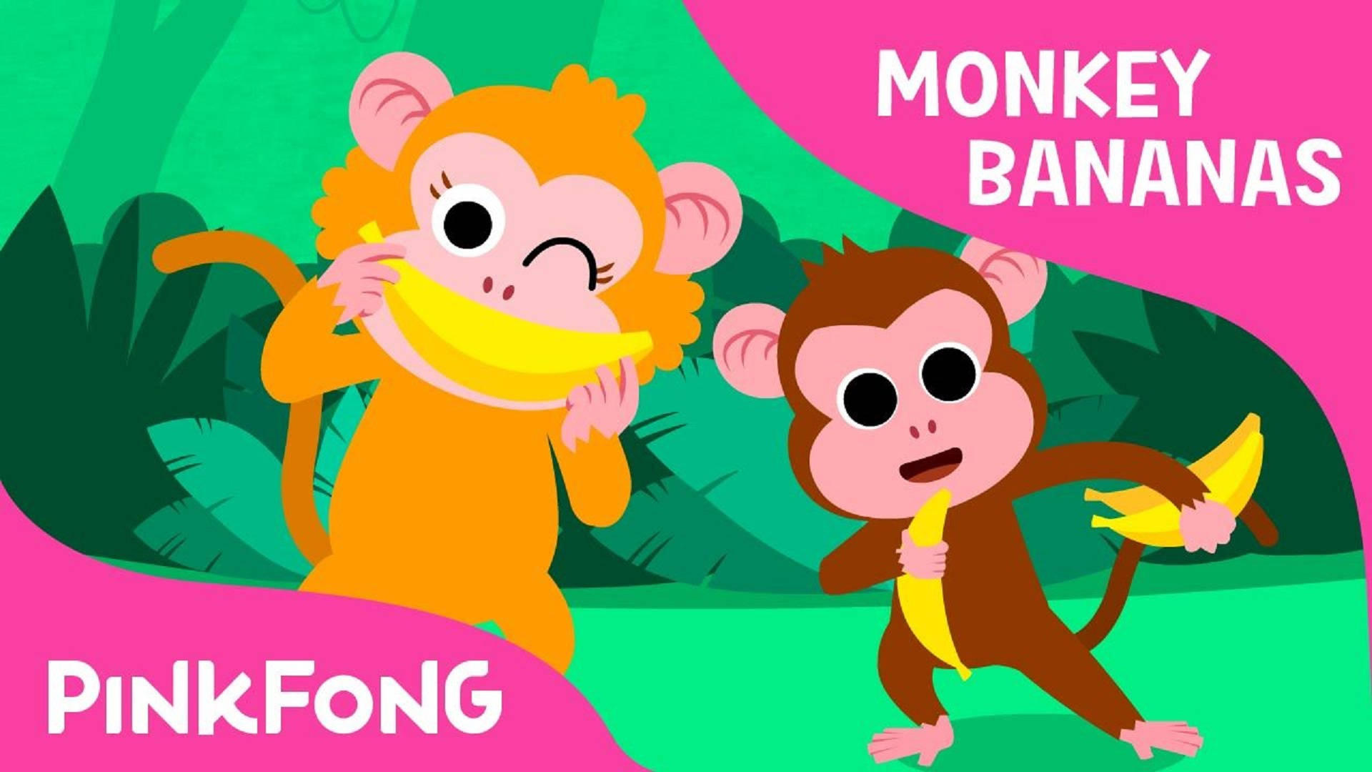 Pinkfong 桌布 壁紙 — 兩隻卡通猴子在充滿活力的叢林中快樂地吃香蕉，並帶有粉紅色圖形疊加。