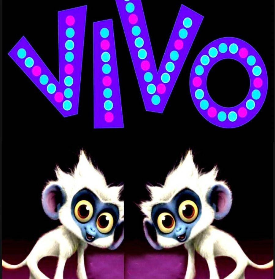 Vivo 桌布 壁紙 — 兩隻卡通猴子睜大眼睛，仰望黑色背景上發光的霓虹紫色和藍色「VIVO」字母。