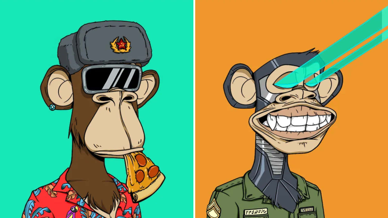 Ape 桌布 壁紙 — 兩隻卡通猴子穿著軍裝，一隻在吃披薩，另一隻從眼睛射出雷射，背景是充滿活力的青綠色和橙色。