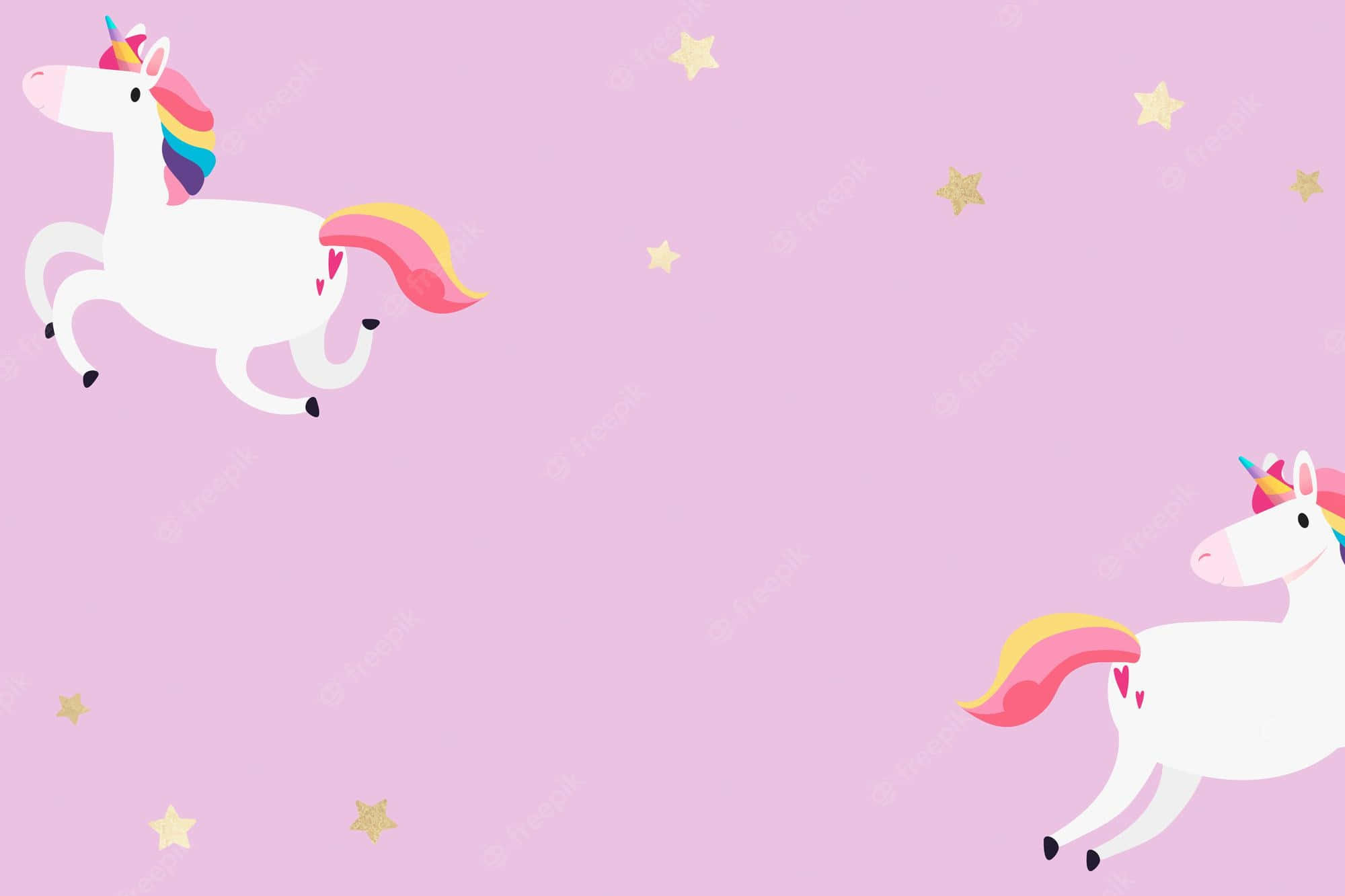 Unicorn Aesthetic 桌布 壁紙 — 兩隻卡通獨角獸，擁有彩虹鬃毛和尾巴，在點綴著金色星星的粉彩粉紅色背景上奔馳。