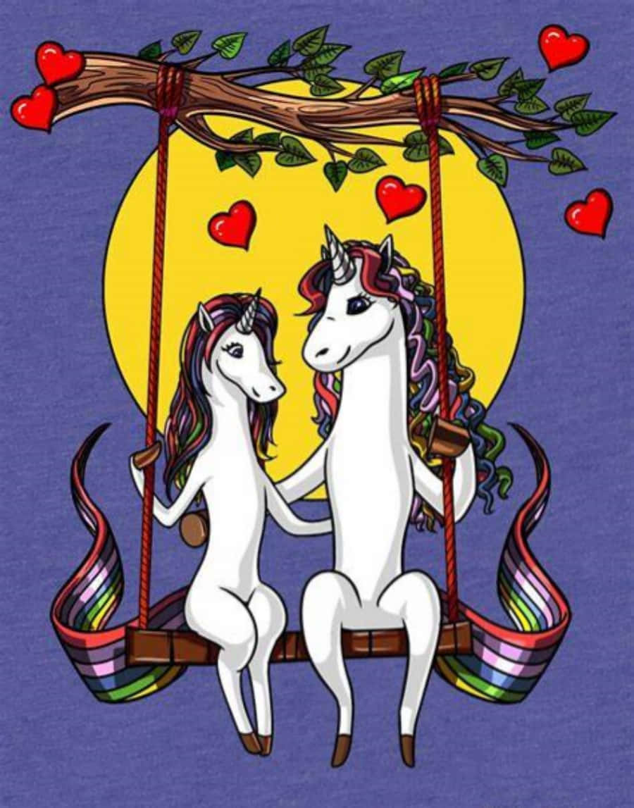 Unicorns 桌布 壁紙 — 兩隻卡通獨角獸帶有彩虹鬃毛坐在鞦韆上，在黃色太陽下，周圍有紅色心形。