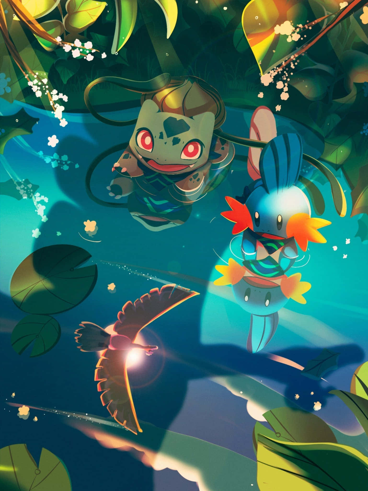 Pokemon Fan Art 桌布 壁紙 — 兩隻卡通生物在睡蓮葉和發光花朵之間游泳，上方有一隻鳥在飛翔。