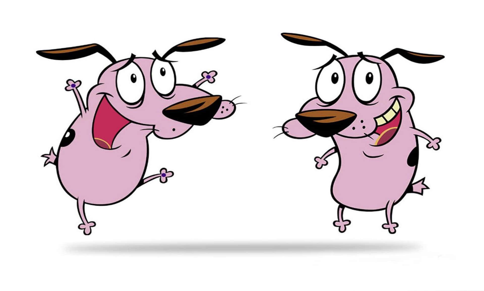 courage the cowardly dog 桌布 壁紙 — 兩隻卡通粉紅色狗，表情誇張，在純白色背景上歡快地跳躍。