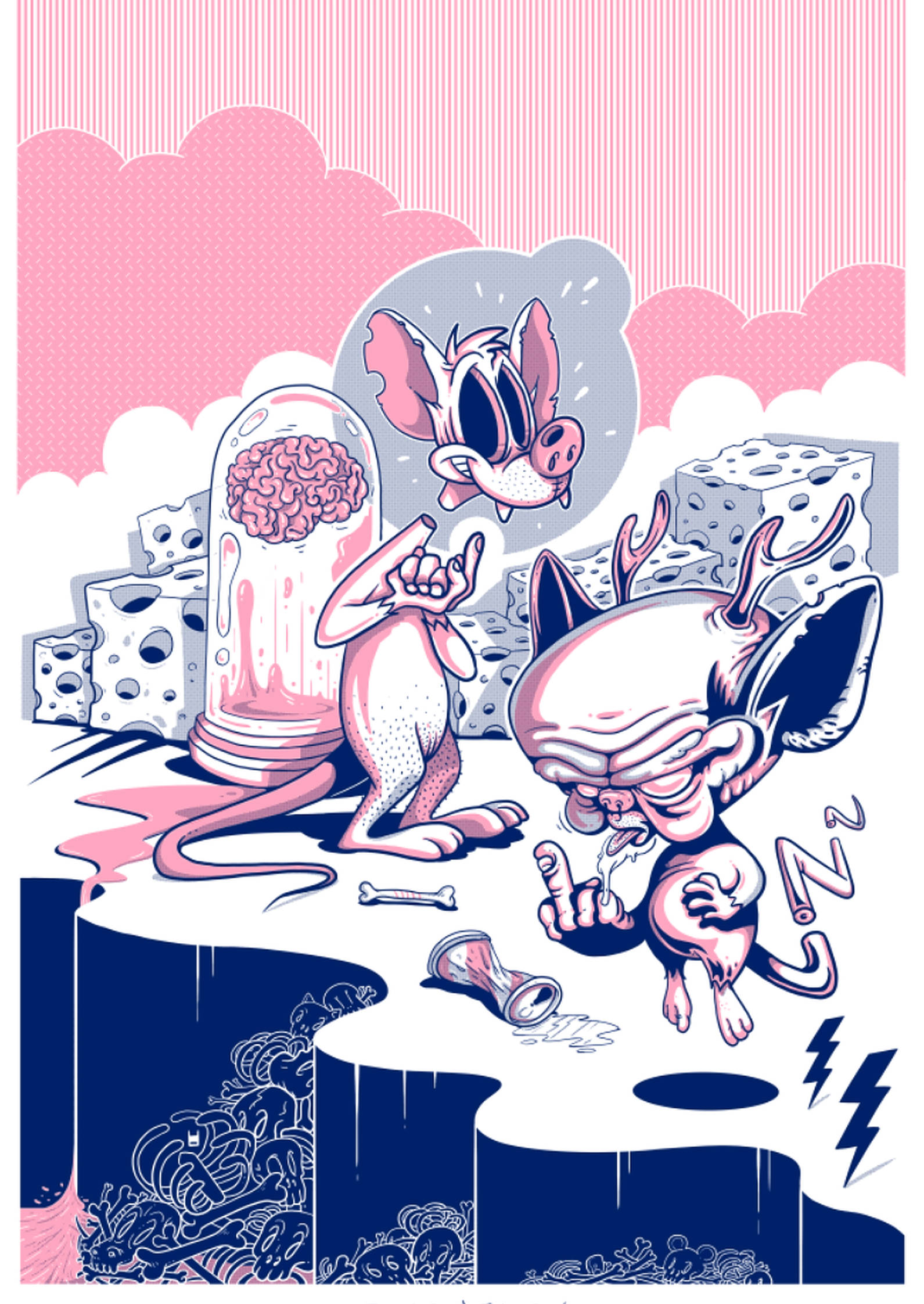 Brain 桌布 壁紙 — 兩隻卡通粉紅色老鼠在一個超現實的起司主題景觀中，有一個腦子在罐子裡和一個破碎的沙漏。