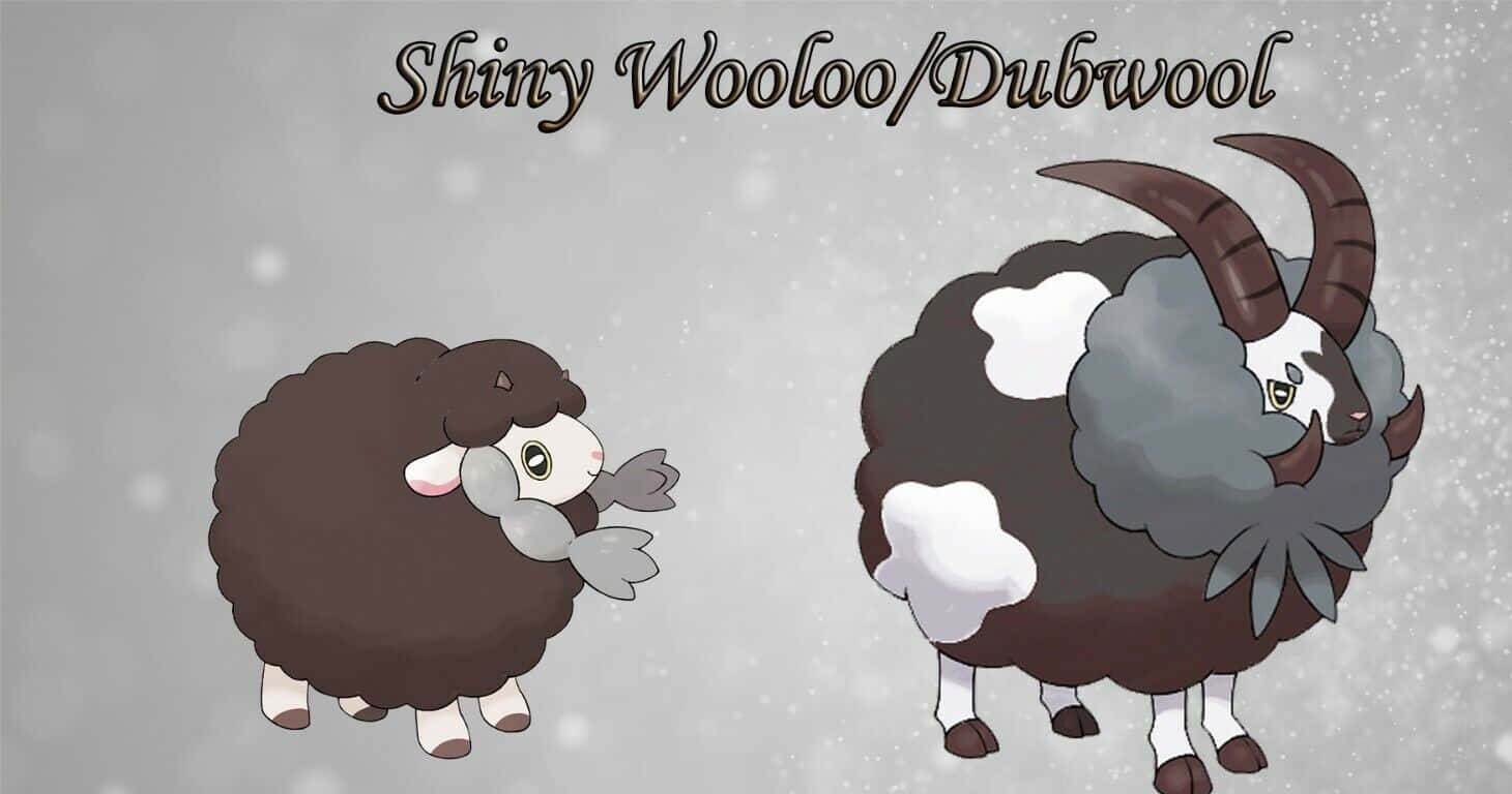 Wooloo 桌布 壁紙 — 兩隻卡通綿羊，毛茸茸的羊毛和彎曲的角，並排站在雪白的灰色背景前。