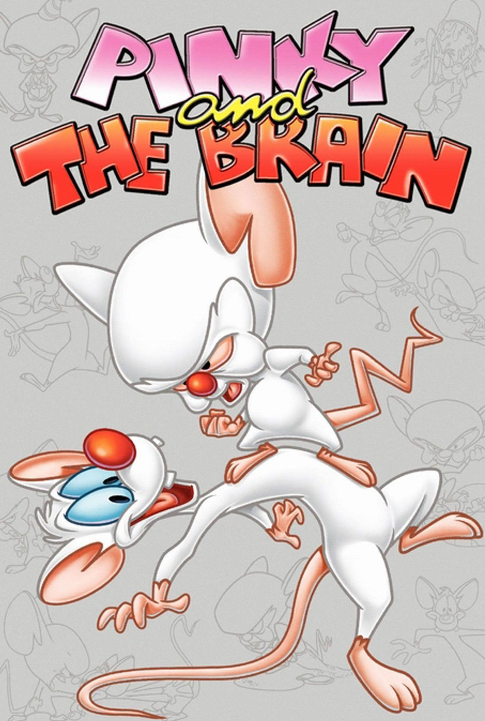 Brain 桌布 壁紙 — 兩隻卡通老鼠，一隻紅眼，一隻藍眼，以動態姿勢出現在灰色背景上，帶有模糊的草圖。