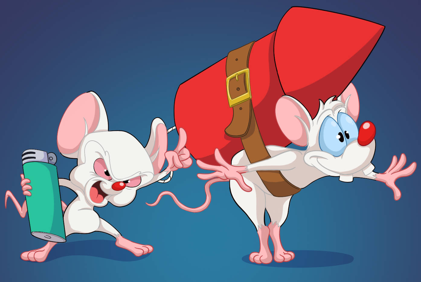 Brain 桌布 壁紙 — 兩隻卡通老鼠在動態追逐中，一隻拿著打火機，另一隻背著一個巨大的紅色火箭。