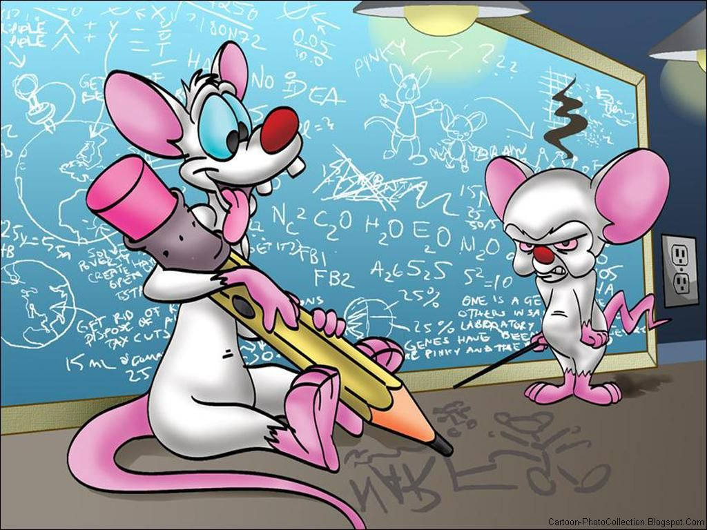 Brain 桌布 壁紙 — 兩隻卡通老鼠在教室裡，一隻拿著巨大的鉛筆，另一隻對佈滿方程式的黑板顯得很惱火。
