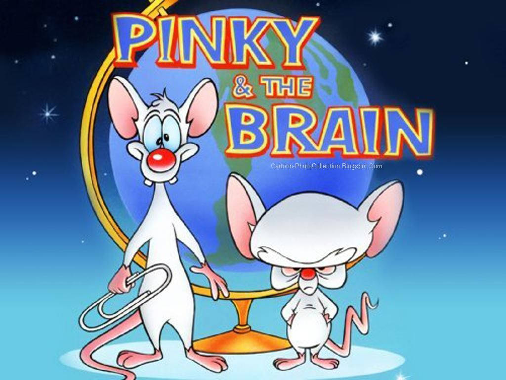 Brain 桌布 壁紙 — 兩隻卡通老鼠在節目標題下，在星空背景下站在地球儀前面。
