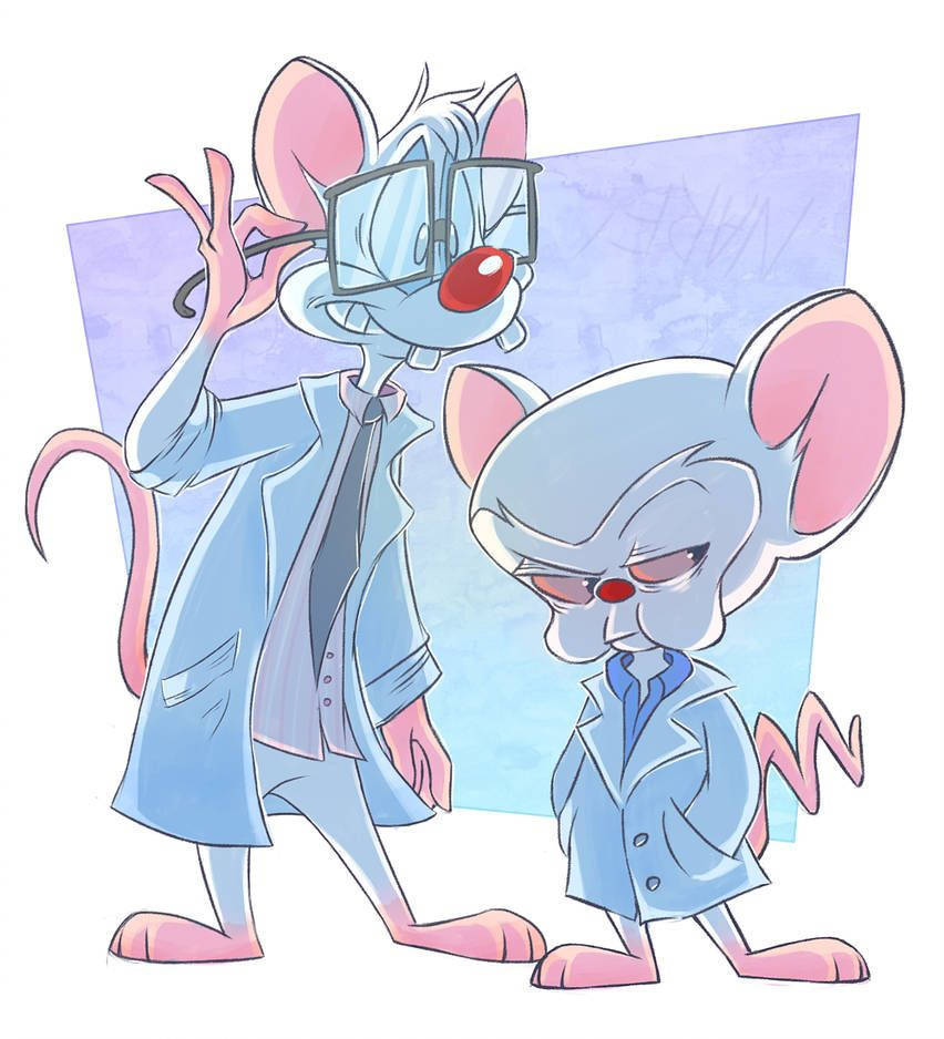 Brain 桌布 壁紙 — 兩隻卡通老鼠穿著藍色實驗室外套，一隻在調整眼鏡，另一隻在紫色背景上向下看，鼻子紅紅的。
