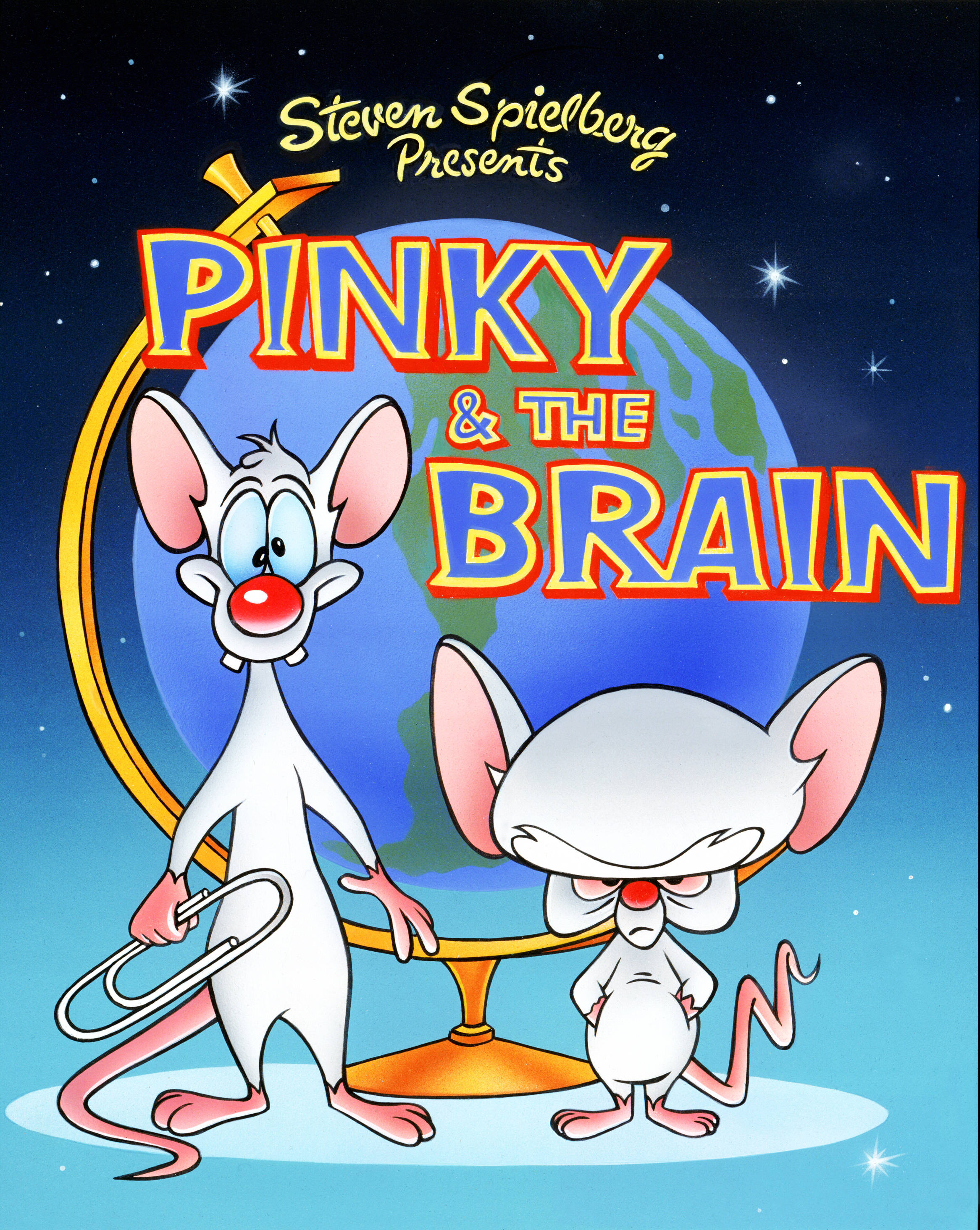 Brain 桌布 壁紙 — 兩隻卡通老鼠站在地球儀前，背景是繁星點點的夜空，並有粗體標題文字。