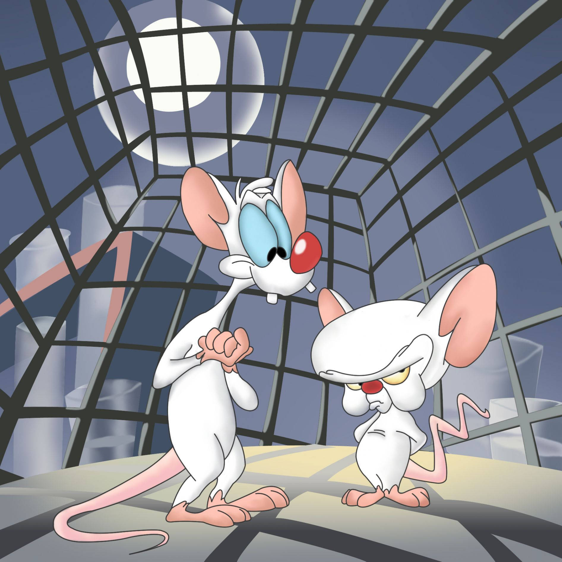 Brain 桌布 壁紙 — 兩隻卡通老鼠站在玻璃圓頂結構內，滿月下，背後可見城市建築。