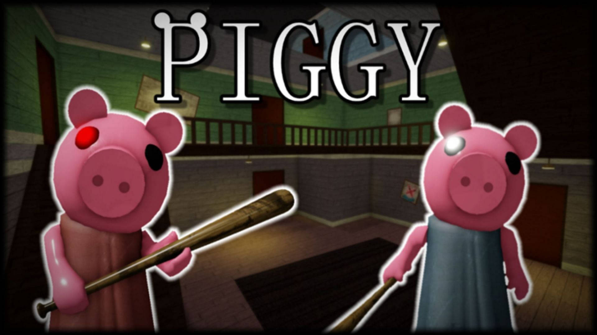Roblox Piggy 桌布 壁紙 — 兩隻卡通豬眼睛發光，在昏暗的學校走廊裡拿著棒球棍。