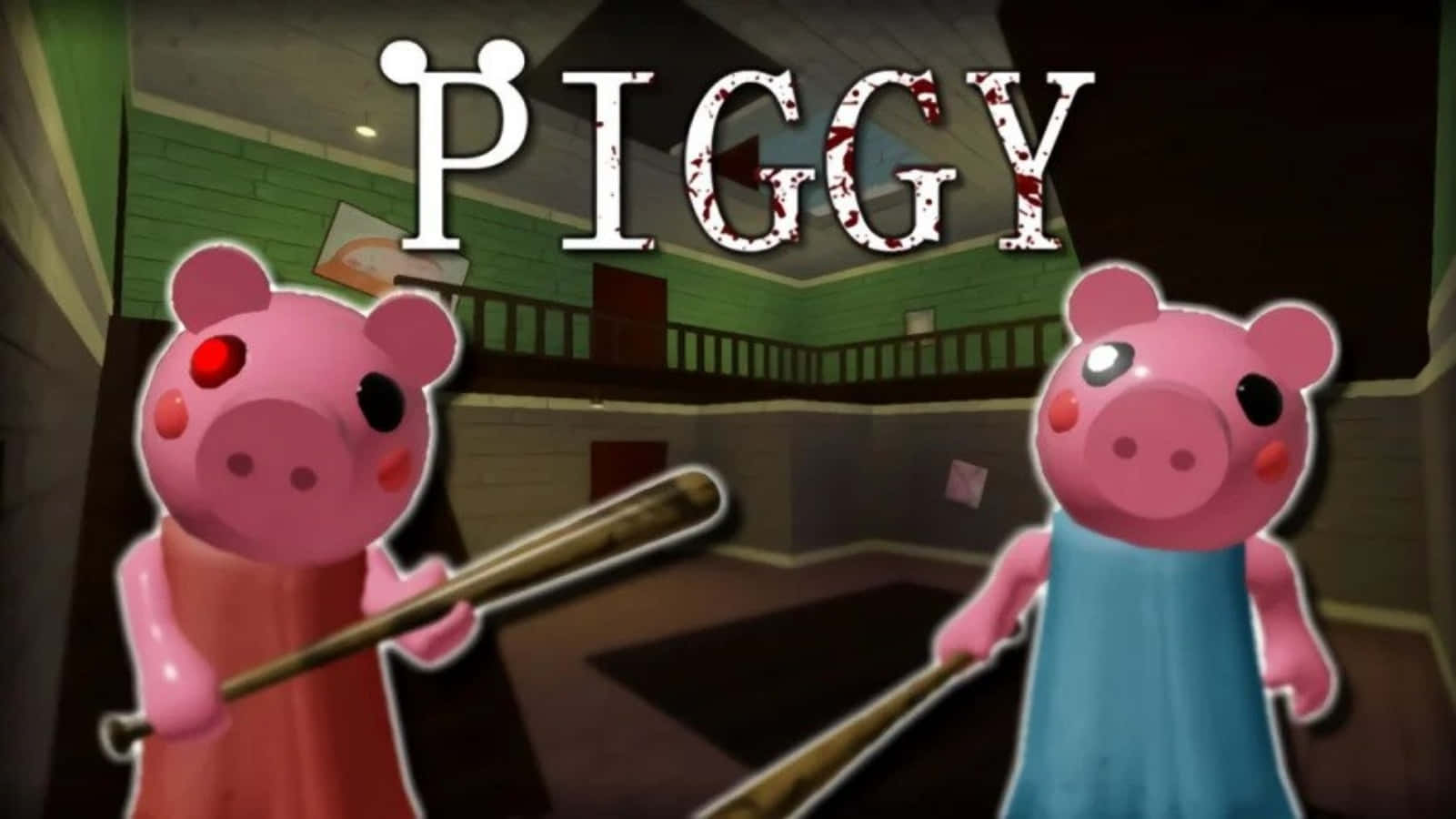 Piggy 桌布 壁紙 — 兩隻卡通豬穿著紅色和藍色連衣裙，在昏暗的學校走廊裡拿著棒球棍，上方有「PIGGY」文字。