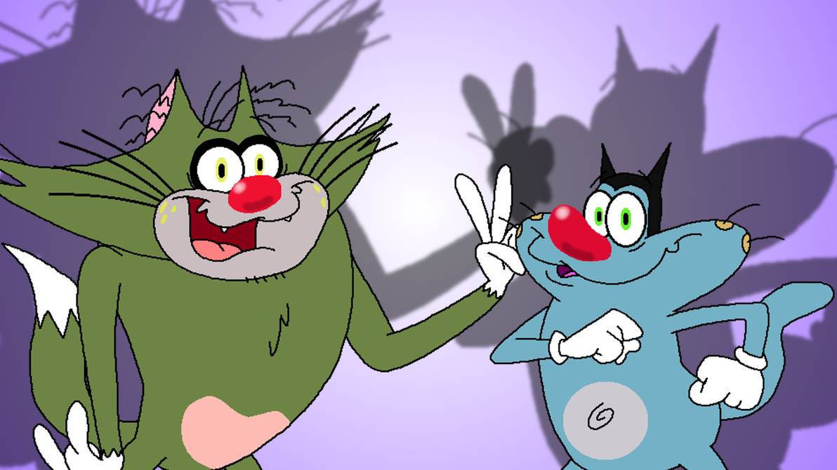 Cartoon 桌布 壁紙 — 兩隻卡通貓，一綠一藍，在紫色背景前愉快地擺姿勢，身後有陰影貓剪影。