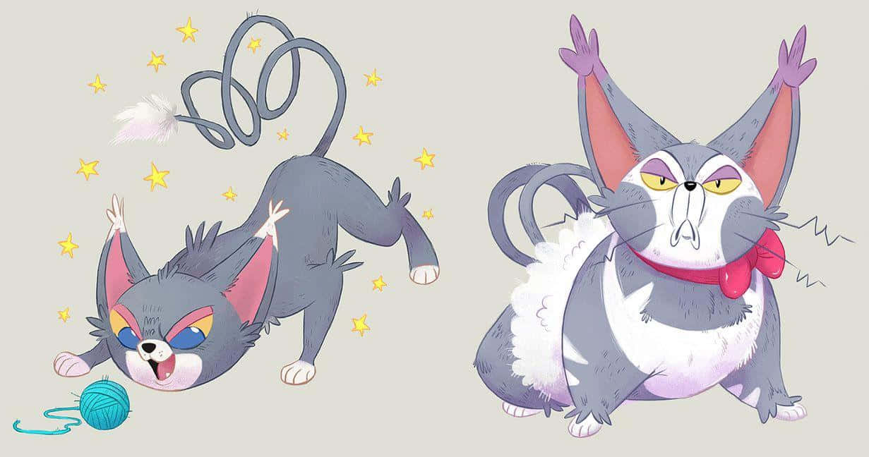 Pokemon 桌布 壁紙 — 兩隻卡通貓，一隻玩毛線，另一隻生氣地舉起爪子，周圍有黃色星星。