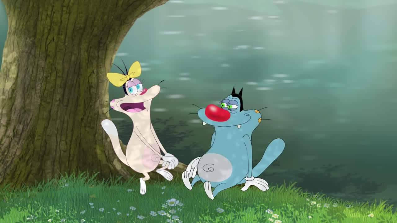 Oggy And The Cockroaches 桌布 壁紙 — 兩隻卡通貓，一隻粉紅色戴黃色蝴蝶結，另一隻藍色有紅鼻子，快樂地坐在池塘邊的樹下。