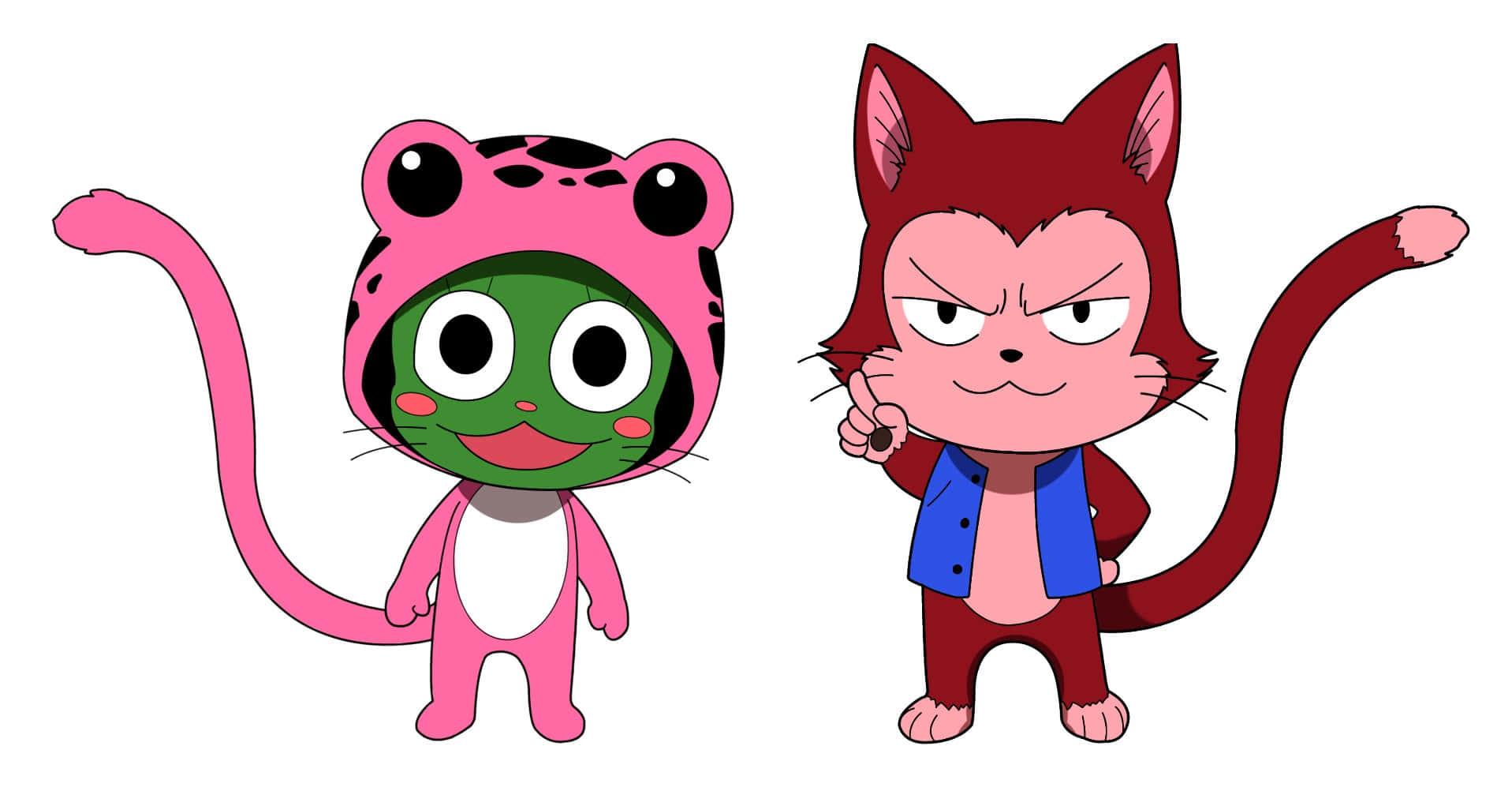Frosch 桌布 壁紙 — 兩隻卡通貓，一隻綠色青蛙穿著粉紅色服裝，另一隻紅色貓穿著藍色外套，兩條長尾巴。