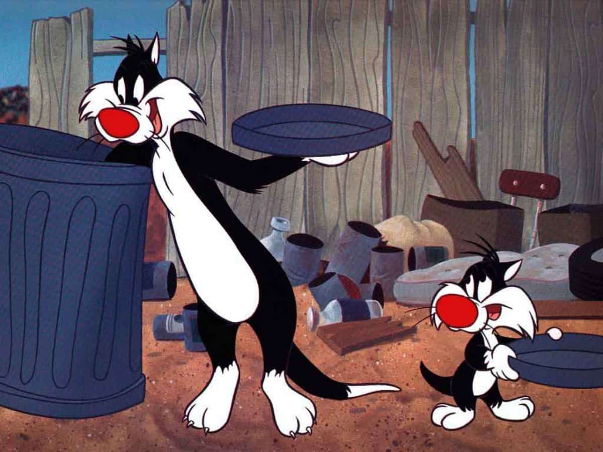 Sylvester The Cat 桌布 壁紙 — 兩隻卡通貓咪在廢車場場景中，一隻拿著輪圈，另一隻睜大眼睛向上看。