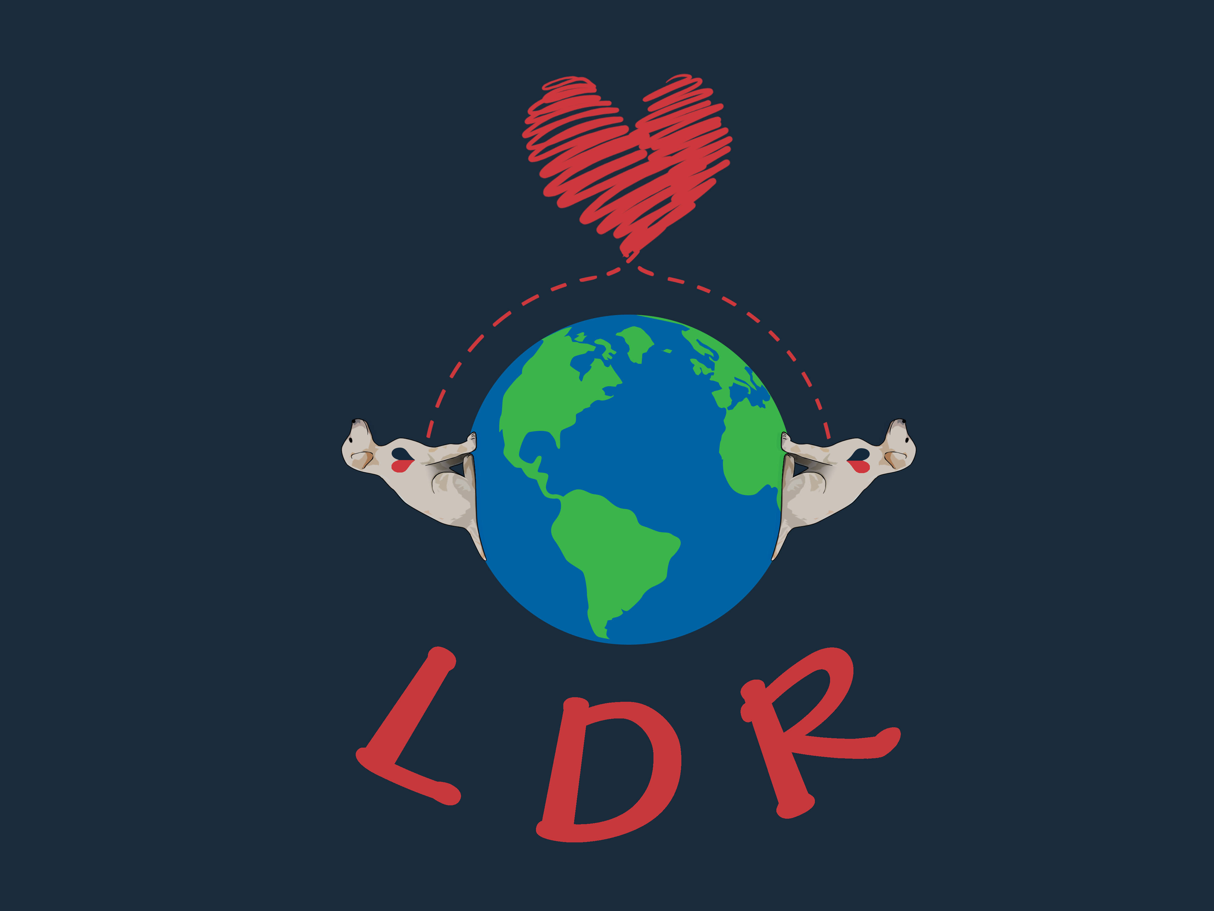 Relationship 桌布 壁紙 — 兩隻卡通貓在深藍色背景上抱著一個地球儀，上方有一個紅色心形，下方有字母LDR。
