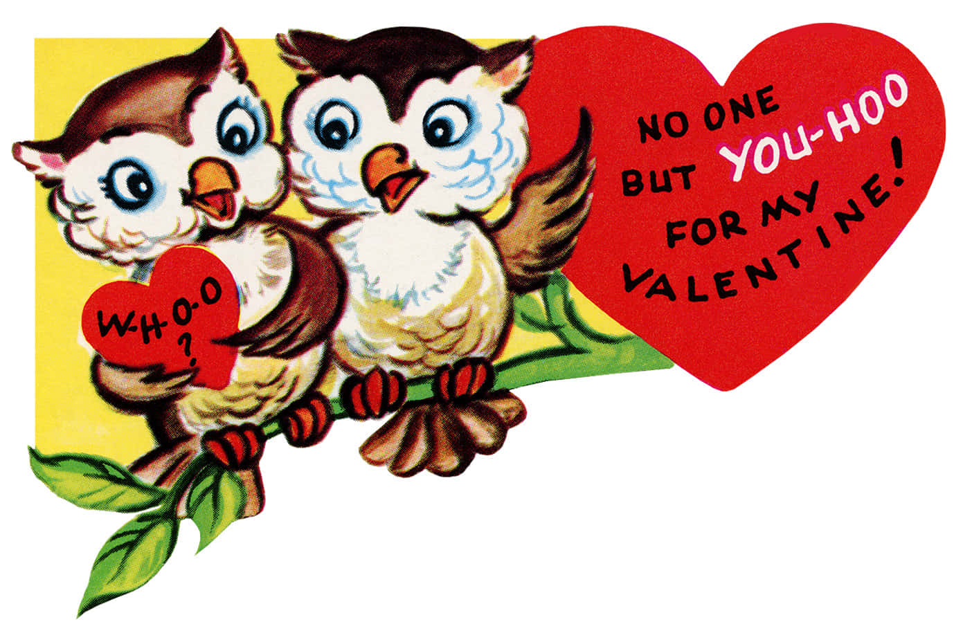 Happy Valentines 桌布 壁紙 — 兩隻卡通貓頭鷹棲息在樹枝上，拿著帶有俏皮情人節訊息的心形圖案。