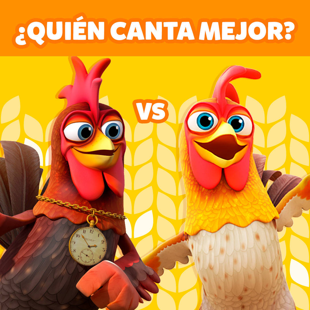 Chicken 桌布 壁紙 — 兩隻卡通雞在帶有小麥圖案和「VS」標誌的鮮黃色背景上對峙。