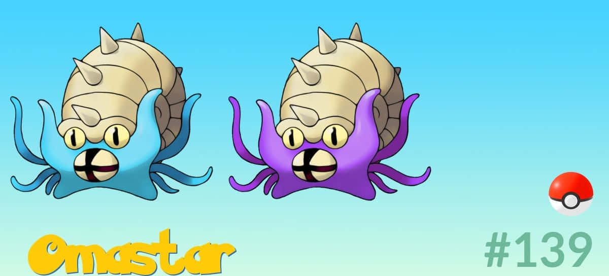 寶可夢 桌布 壁紙 — 兩隻卡通風格的 Omastar 寶可夢，帶有藍色和紫色的觸手和螺旋殼，漂浮在漸變藍色的天空中。