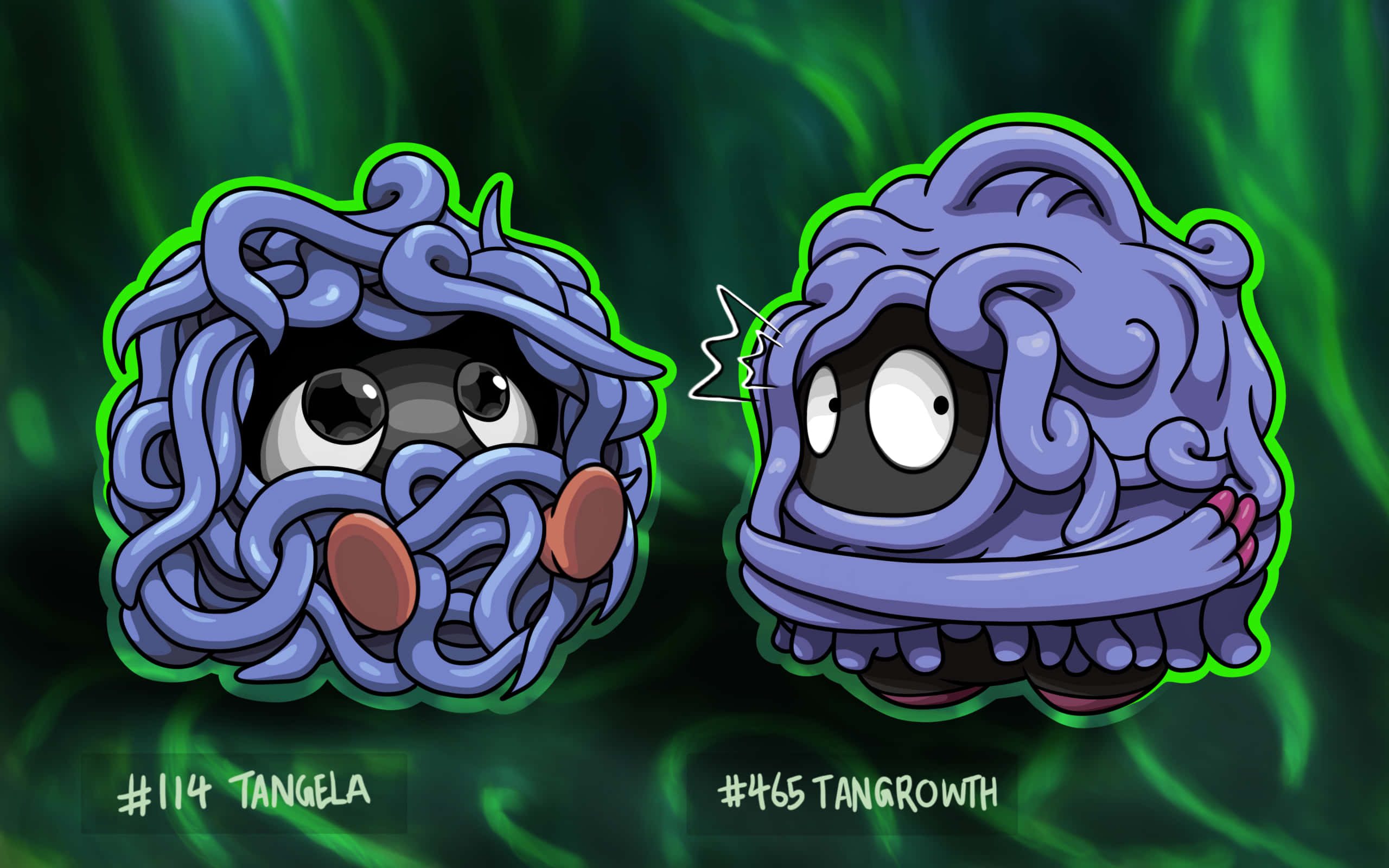 Tangrowth 桌布 壁紙 — 兩隻卡通風格的紫色寶可夢，身體像麵條，眼睛又大又圓，漂浮在發光的綠色背景前。