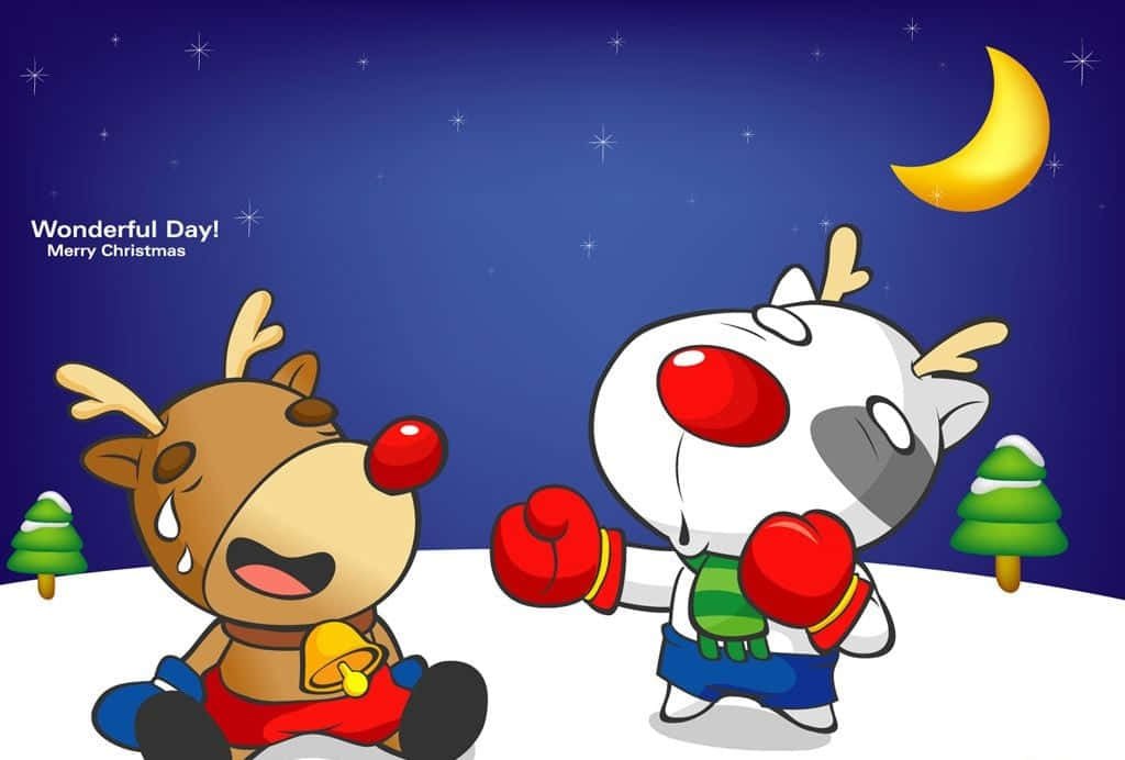 搞笑聖誕 桌布 壁紙 — 兩隻卡通馴鹿在雪夜場景中，一隻拳擊另一隻，後者看起來傷心流淚