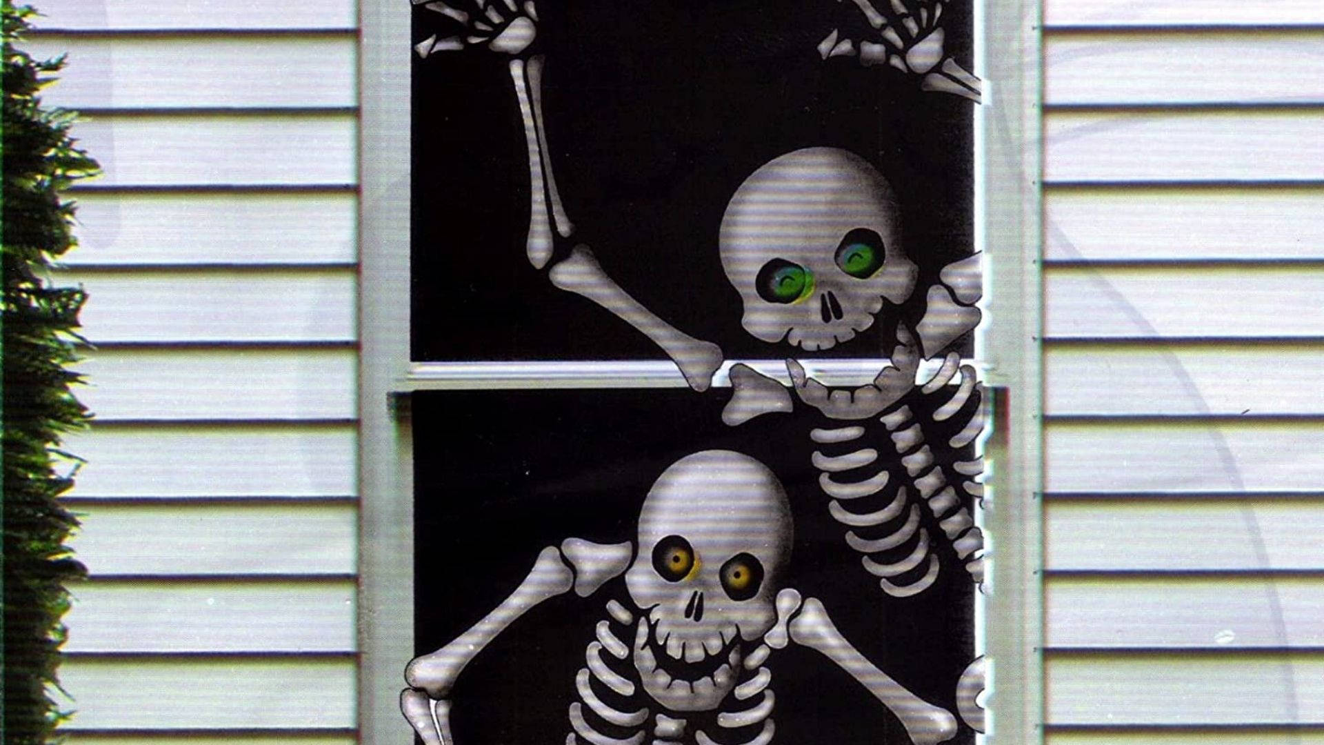 Skeleton Meme 桌布 壁紙 — 兩隻卡通骷髏頭發著光的眼睛在白天從房子的窗戶裡探出頭來。