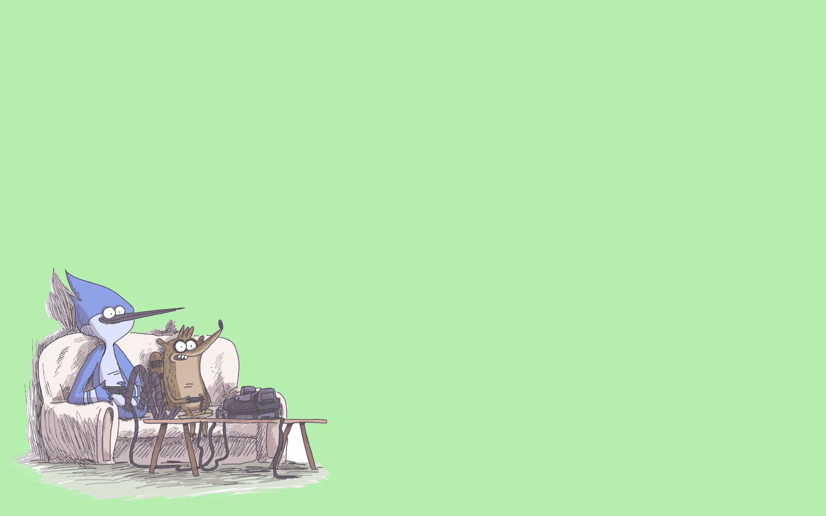 Regular Show 桌布 壁紙 — 兩隻卡通鳥坐在沙發上，前面有茶几，背景是純淺綠色。