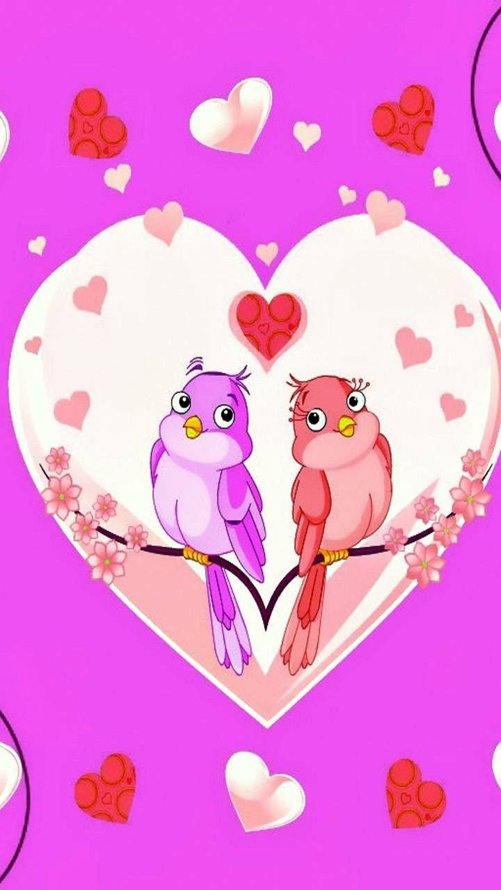 birds 桌布 壁紙 — 兩隻卡通鳥棲息在一個大愛心內的樹枝上，周圍環繞著漂浮的愛心和櫻花，背景是充滿活力的粉紅色。