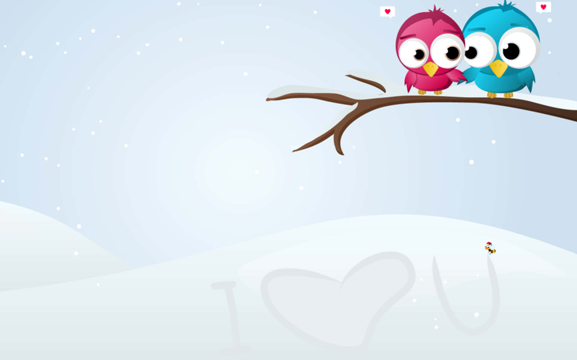 Cute Winter 桌布 壁紙 — 兩隻卡通鳥棲息在雪白的樹枝上，下方是白雪覆蓋的山丘，隱約可見 I love U 的心形輪廓。