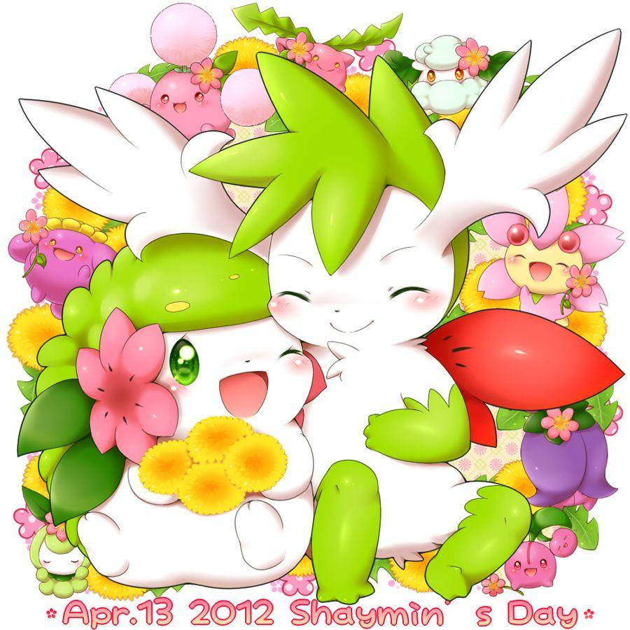 Shaymin 桌布 壁紙 — 兩隻可愛動漫風格的謝米依偎在一起，周圍環繞著色彩繽紛的花朵和微笑的寶可夢角色。