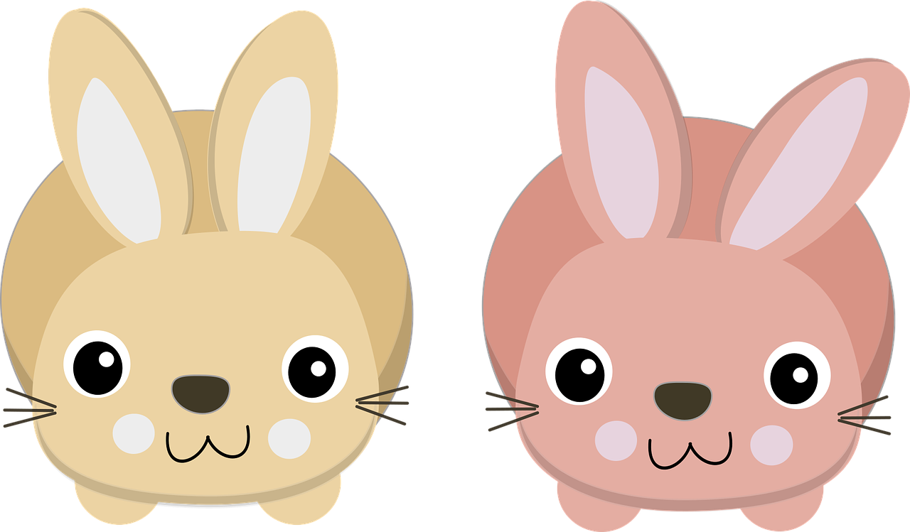 bunnies 桌布 壁紙 — 兩隻可愛卡通兔子有大眼睛，一隻米色一隻粉紅色，面向前面，黑色背景。