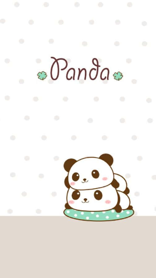 Cute White 桌布 壁紙 — 兩隻可愛卡通熊貓疊在圓點靠墊上，背景是圓點壁紙。