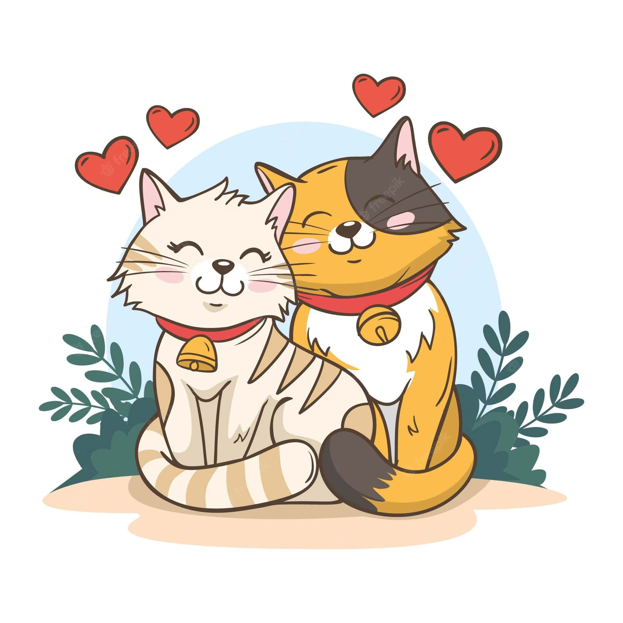Matching Pfp 桌布 壁紙 — 兩隻可愛卡通貓咪依偎在一起，心形圖案漂浮在它們上方，背景是柔和的藍色。