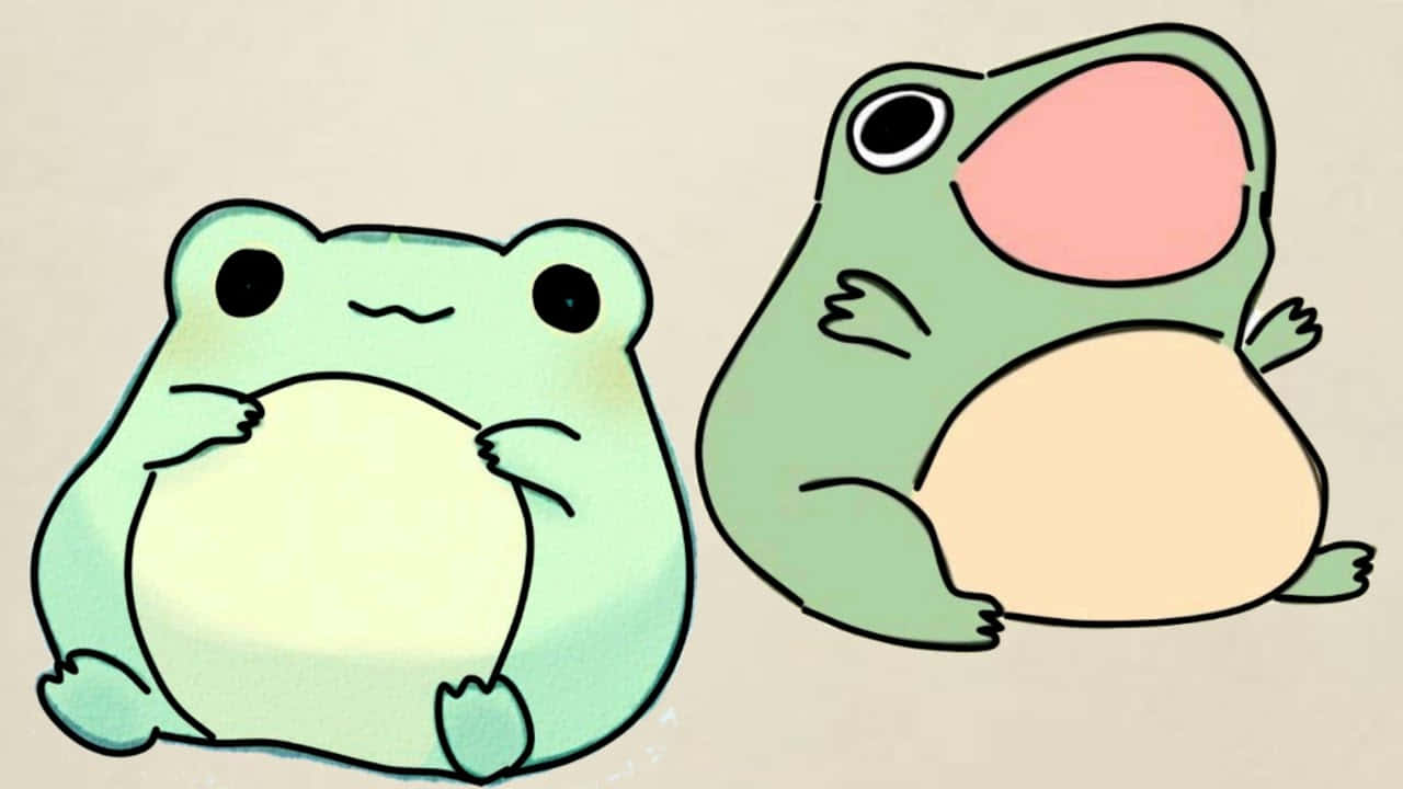 Frog Drawing 桌布 壁紙 — 兩隻可愛卡通青蛙，一隻交叉手臂微笑，另一隻張大粉紅色嘴巴打呵欠。