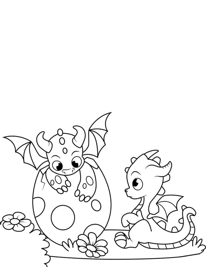 Dragon Coloring 桌布 壁紙 — 兩隻可愛卡通龍，其中一隻從草地上花朵旁邊的斑點蛋中孵化出來。