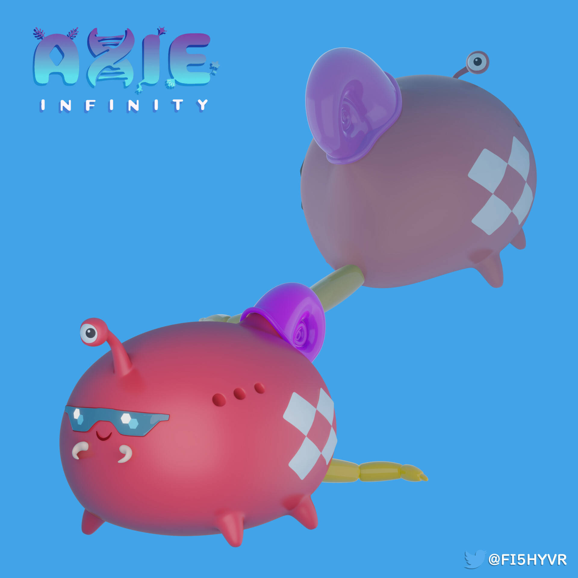 infinity 桌布 壁紙 — 兩隻可愛的 Axie Infinity 生物漂浮在純藍色背景上，一隻粉紅色戴太陽眼鏡，另一隻紫色帶格子圖案。
