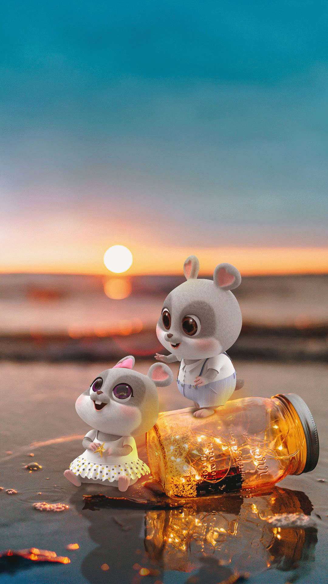 桌布 壁紙 — 兩隻可愛的3D渲染倉鼠在日落海灘上，一隻坐在發光的罐子上，另一隻站在旁邊