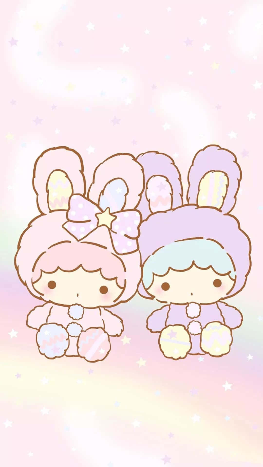 Kawaii Japanese 桌布 壁紙 — 兩隻可愛的兔子角色，擁有粉彩毛髮和蝴蝶結，一起坐在柔和的漸變天空下，天空佈滿閃爍的星星。