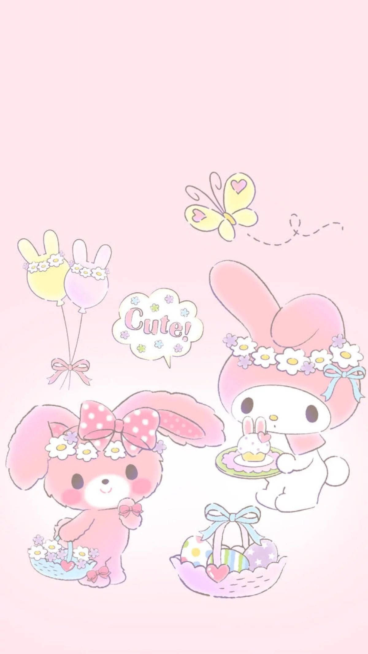 sanrio 桌布 壁紙 — 兩隻可愛的兔子角色戴著花環頭飾，拿著籃子和氣球，背景是柔和的粉紅色，還有一隻蝴蝶。