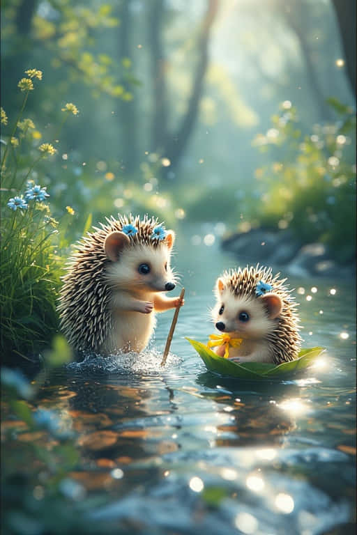 Sparkling Stream Adventures Baby Hedgehogs at Play 壁紙 — 兩隻可愛的刺蝟，背上有藍色花朵，在陽光明媚的森林溪流中划著樹葉船。