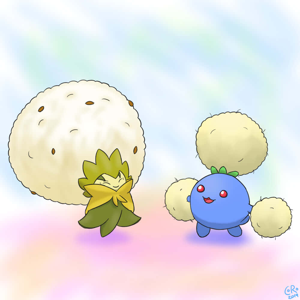 Pokemon Aesthetic 桌布 壁紙 — 兩隻可愛的動漫風格寶可夢，帶著毛茸茸的白色絨球，漂浮在柔和的粉彩漸變天空上。