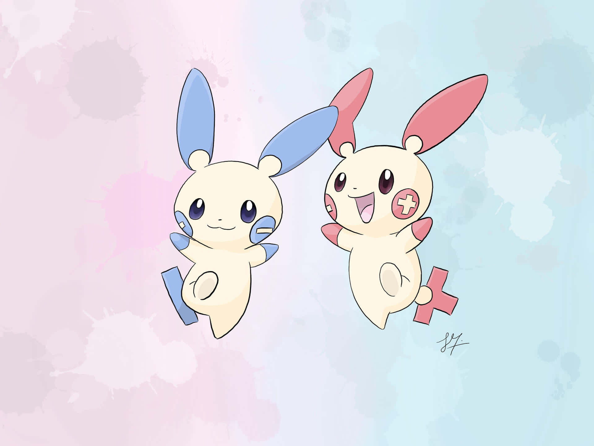 Pokemon Aesthetic 桌布 壁紙 — 兩隻可愛的動漫風格寶可夢在柔和粉彩水彩背景上歡樂漂浮，帶有俏皮潑濺效果。