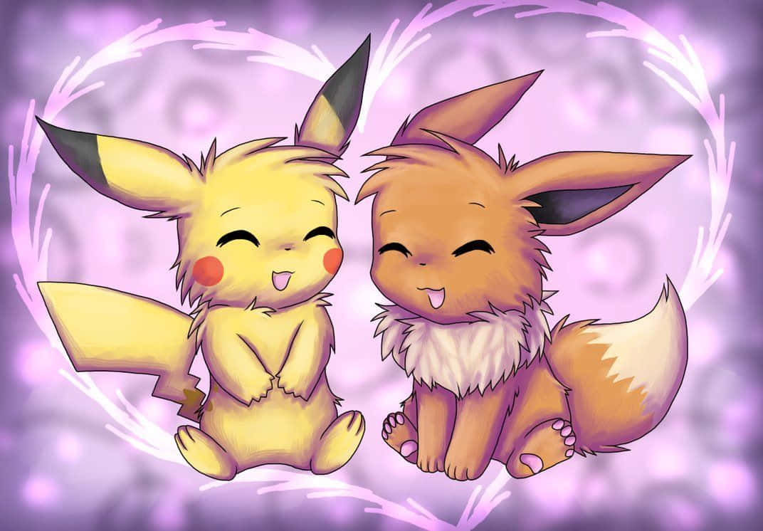 Cute Pikachu And Eevee 桌布 壁紙 — 兩隻可愛的動漫風格寶可夢皮卡丘和伊布快樂地坐在一個發光的紫色心形光環內。