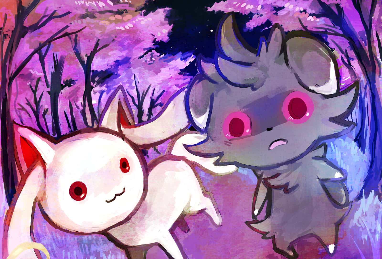 Sakura 桌布 壁紙 — 兩隻可愛的動漫風格生物，一白一灰，有粉紅色眼睛，站在紫色的暮色森林中。